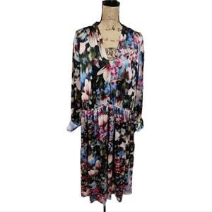 Anne Klein Floral V-Neck Long‎ Sleeve Elastic Waist Maxi Dress Plus Size 3X New